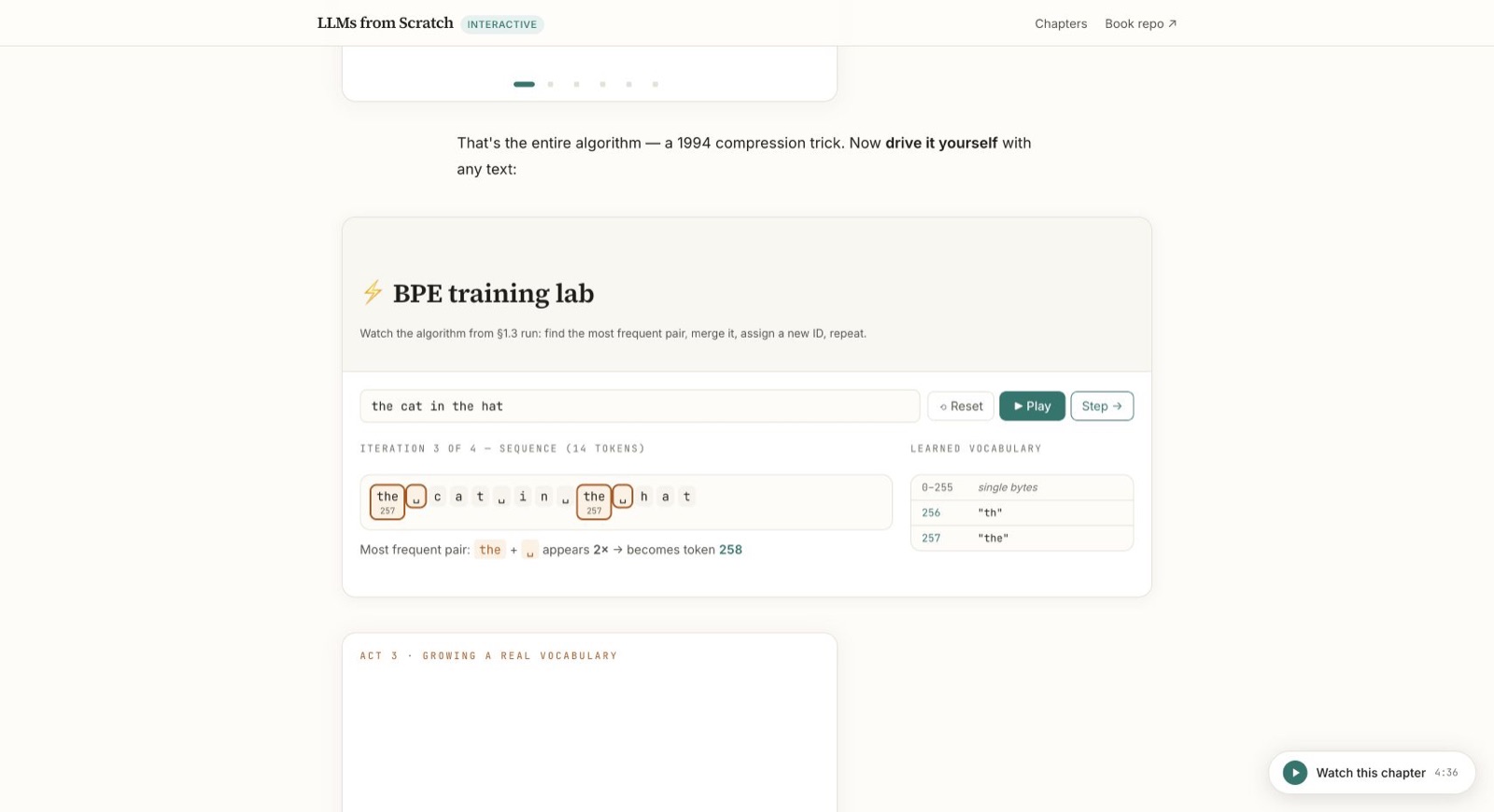 Interactive byte-pair encoding training exercise with vocabulary and merge steps